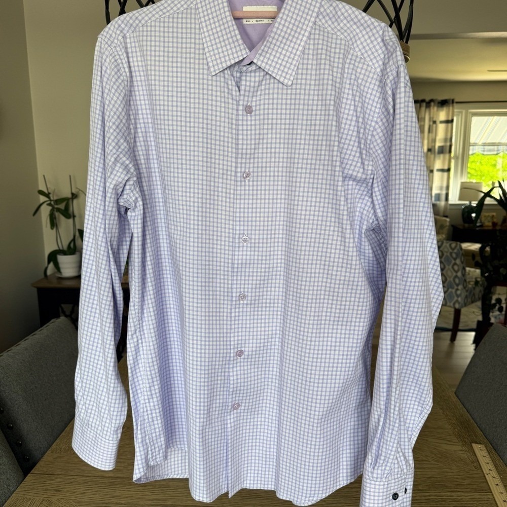 Duchamp London Mens Slim Fit Dress Shirt Purple Gingham Check 16.5 L Long Sleeve